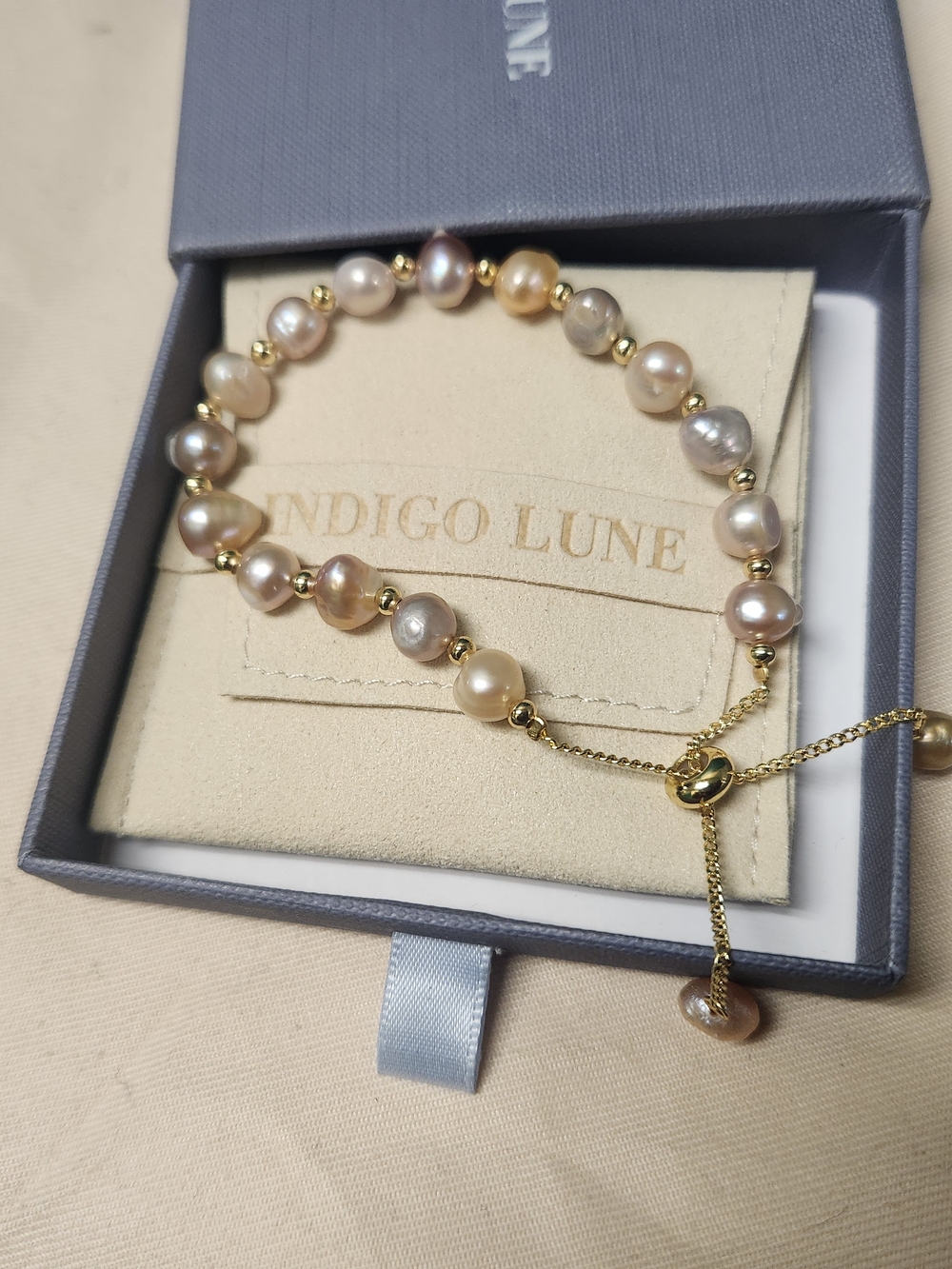 Indigo Blue Freshwater Pearl & Gold Bead Adjustable Bracelet